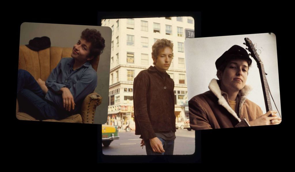 Collage of three images of a young Bob Dylan.