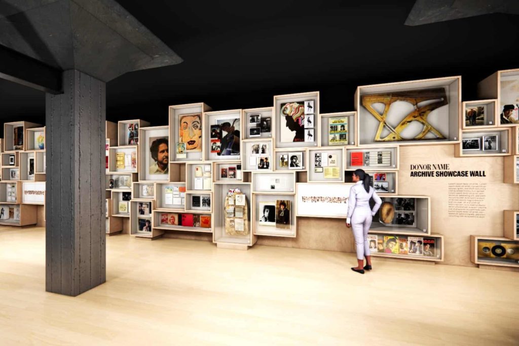 Rendering of an archive collection wall within the Bob Dylan Center.